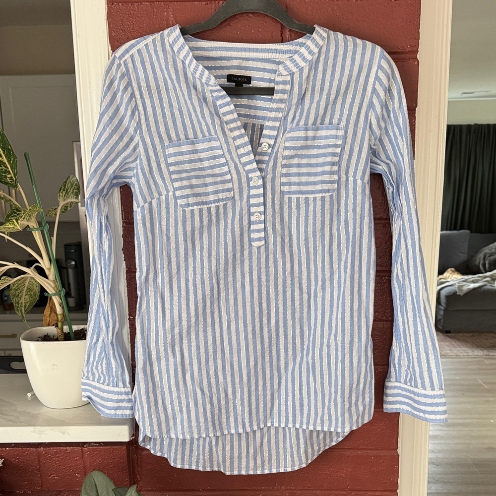 Talbots Blue, White, & Silver Striped Long Sleeve Tunic with Button Detail XS